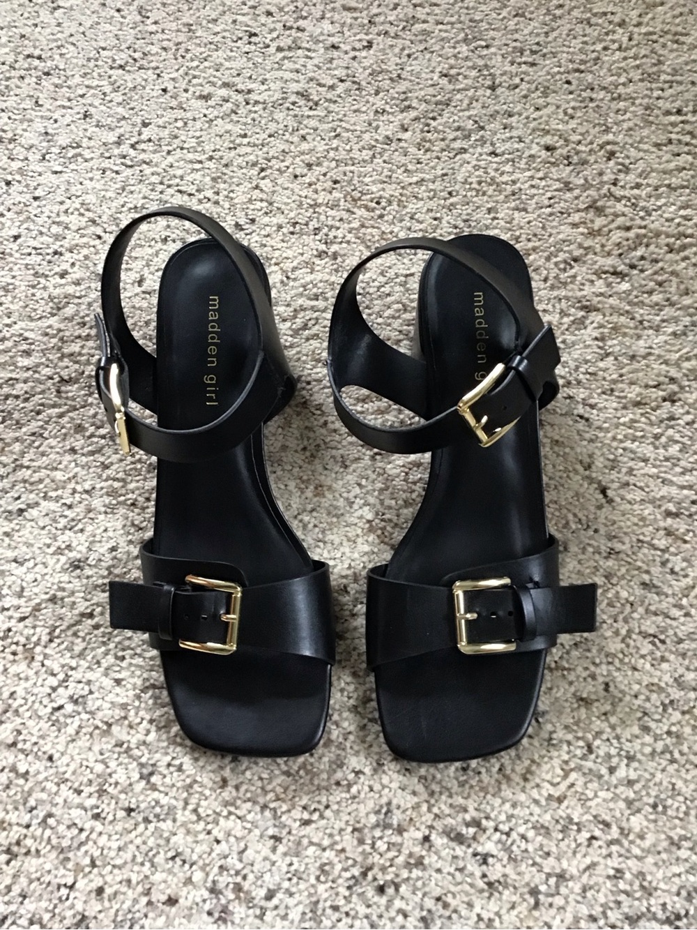 Madden Girl Black Ankle-Strap Sandals with Gold Buckles